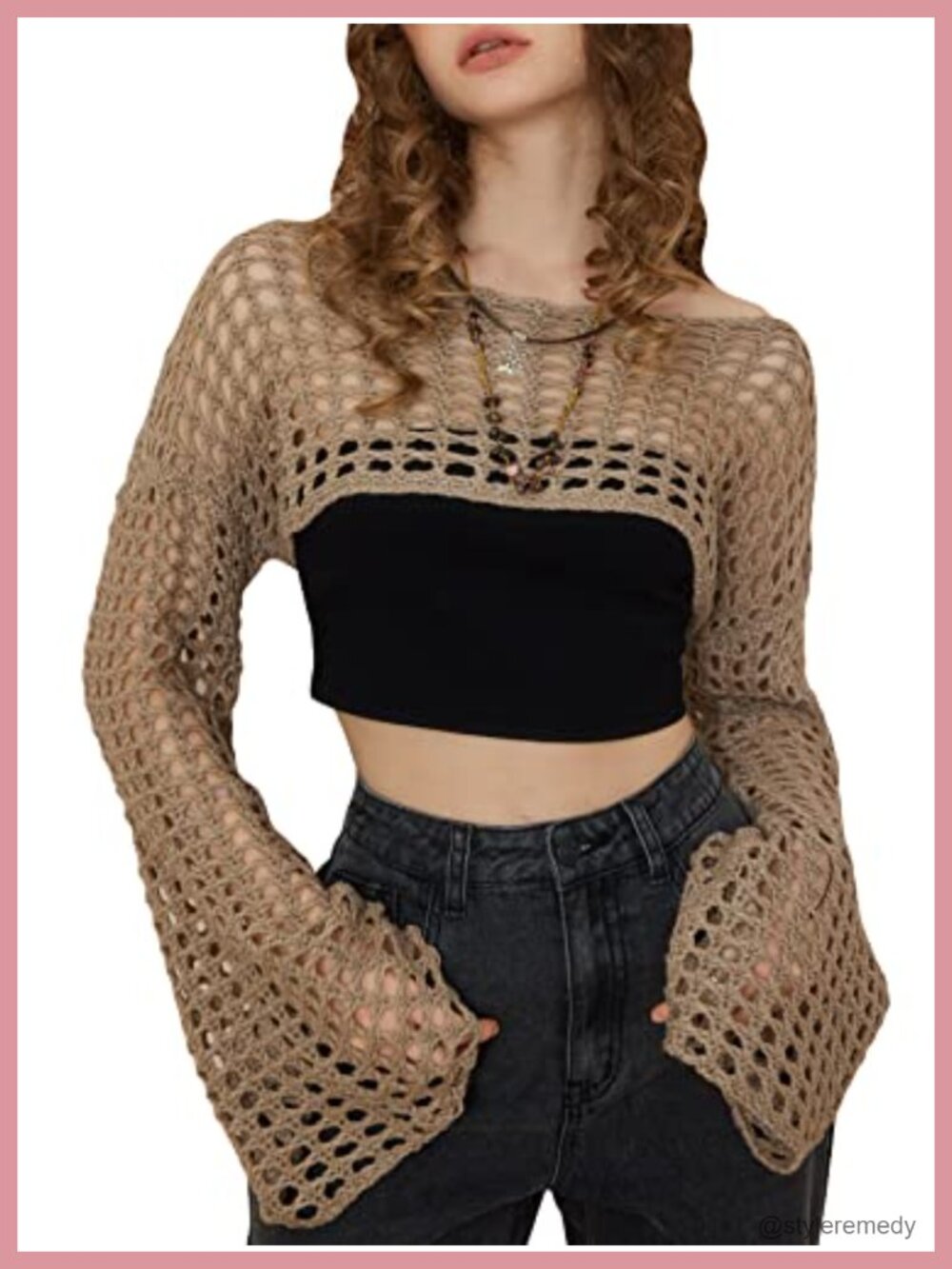 Crochet Crop Top Hollow Out Knit Shrug Boat Neck Flounce Sleeve